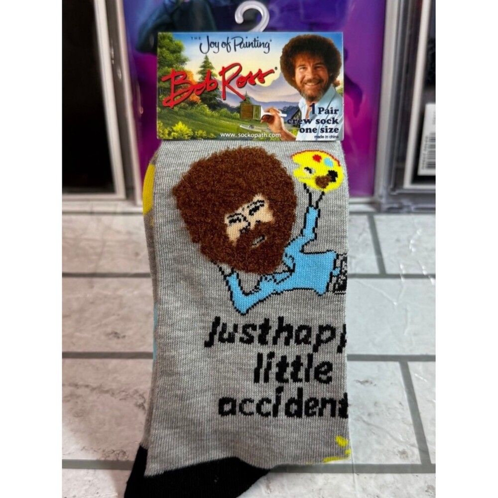 NWT Bob Ross Happy Little Accidents Crew Socks Novelty Art The Joy of Painting